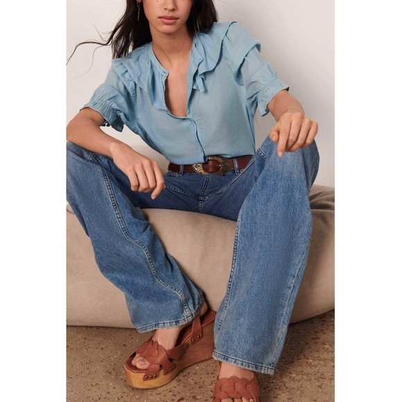 NWT BA&SH Cotton Puffed Short Sleeve Victorian Ruffle Collar Button Up Blouse L‎ - Picture 2 of 12